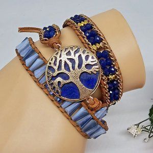Tree of Life Lapis Lazuli Blue Crystal Glass Beaded Beige Leather Wrap Bracelet